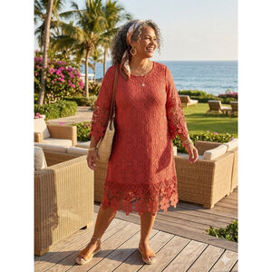 J. Gee Orange Crochet Lace Shift Dress Floral Hem 2XL